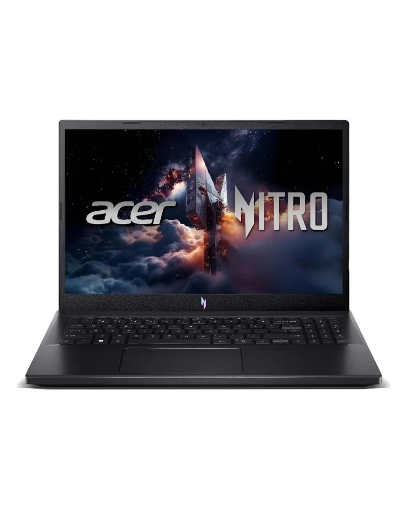 Notebook Acer Nitro V15 com processador i7 e RTX 4060 exibindo tela frontal com design gamer e display de 15.6 polegadas
