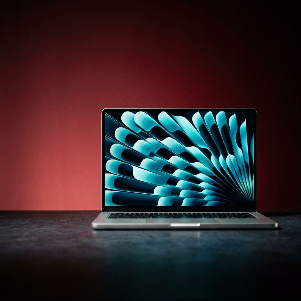 MacBook Air M5 15 polegadas aberto em vista frontal com tela ativa e design ultrafino em alumínio prata