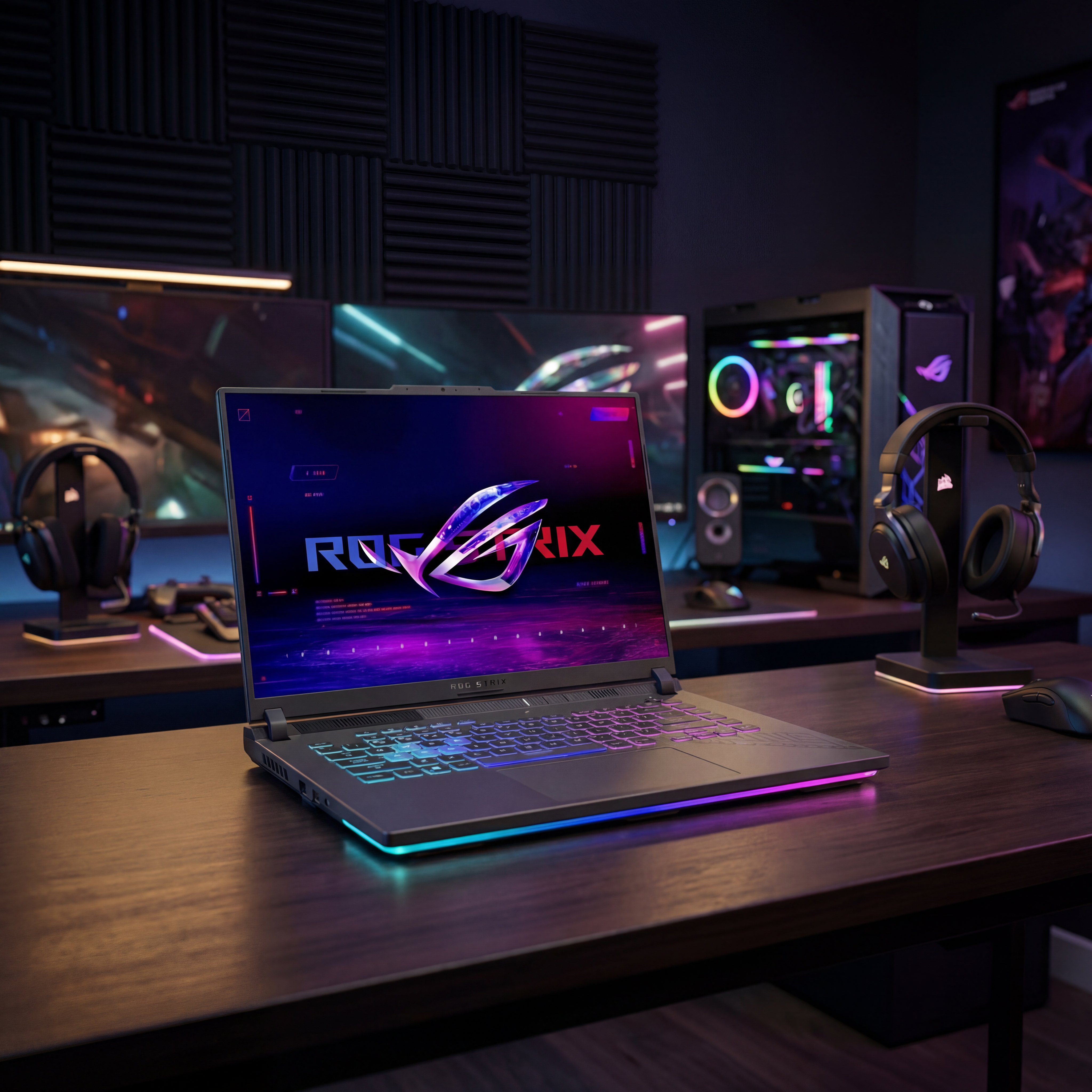 Notebook gamer ASUS ROG Strix G16 com Intel i9 e RTX 5070 em setup gamer moderno com iluminação RGB