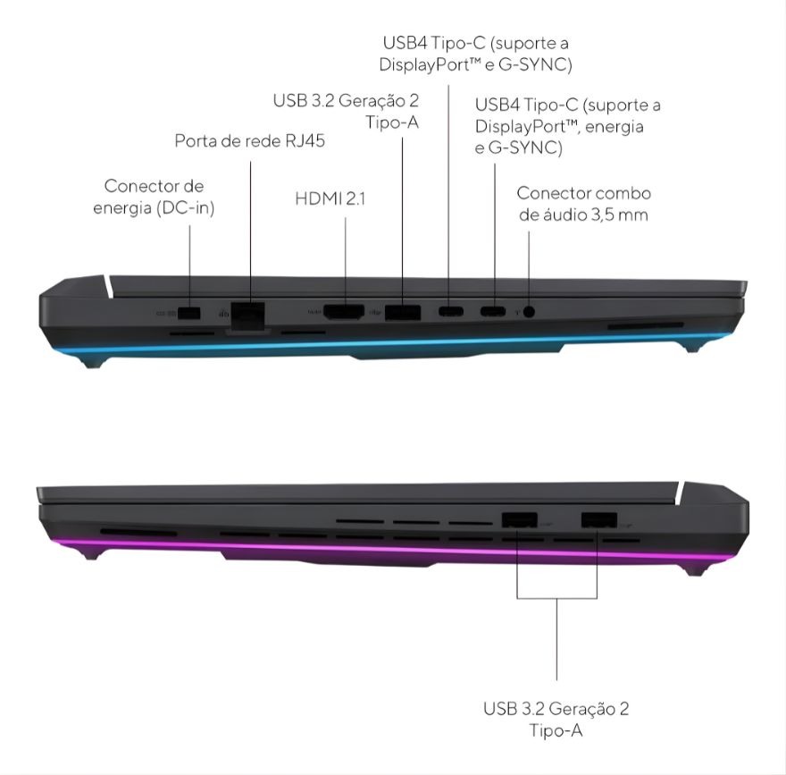 Notebook gamer ROG Strix G16 mostrando portas e conexões USB-C, USB-A, HDMI 2.1, RJ45 e entrada de energia lateral
