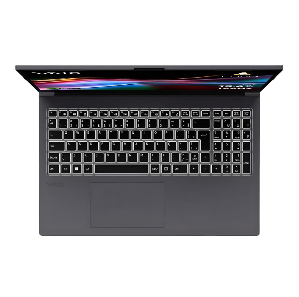 Vista superior do notebook VAIO FH15 com teclado retroiluminado, touchpad amplo e design profissional em acabamento cinza