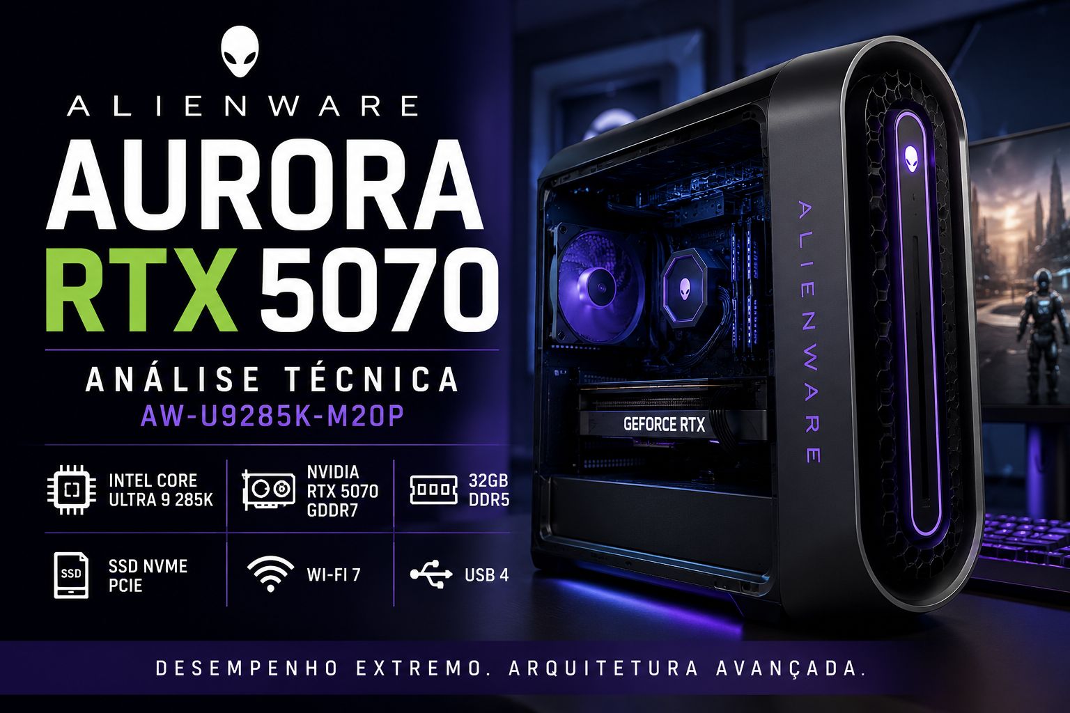 Desktop gamer Dell Alienware Aurora com Intel Core Ultra 9 285K, RTX 5070 GDDR7, 32GB DDR5, SSD NVMe PCIe e iluminação RGB em ambiente gamer.