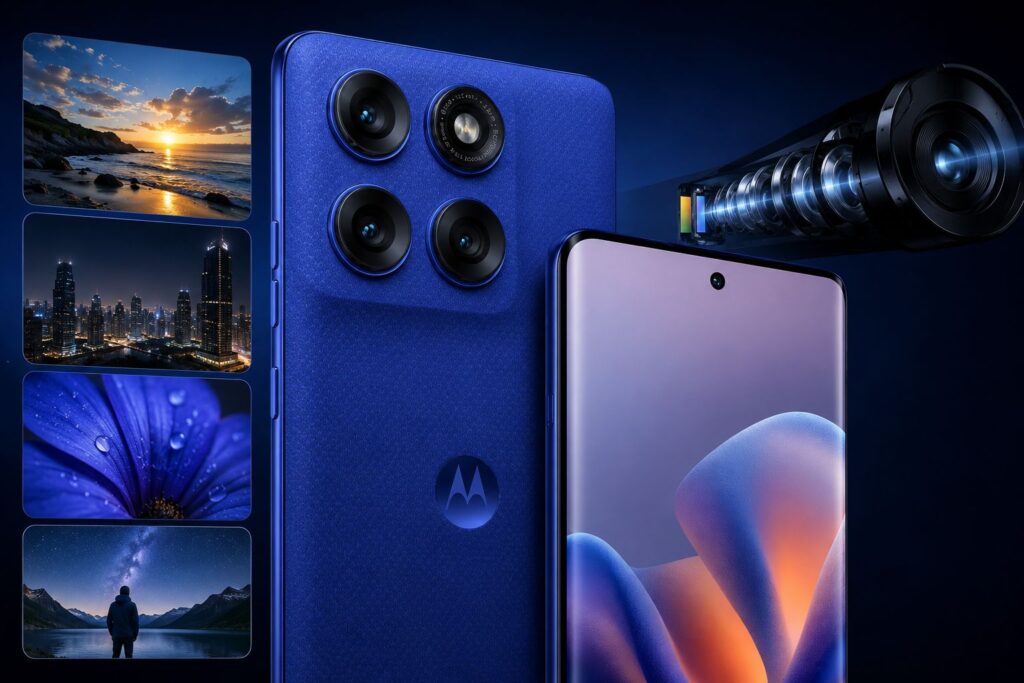 Motorola Edge 60 Pro 5G (256GB) — Análise Técnica Completa, Desempenho, Câmeras e Vale a Pena em 2026? 4 Render do Motorola Edge 60 Pro azul destacando o sistema de câmeras traseiras, lente interna detalhada e exemplos de fotos com paisagem, modo noturno e macro em fundo tecnológico escuro