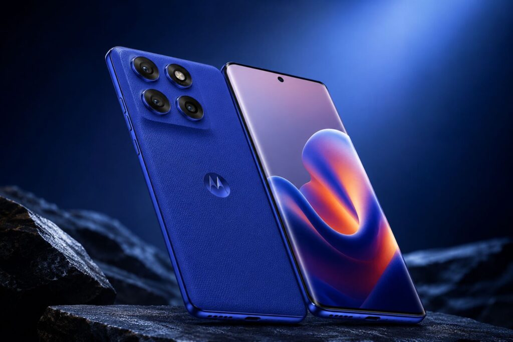 Motorola Edge 60 Pro 5G (256GB) — Análise Técnica Completa, Desempenho, Câmeras e Vale a Pena em 2026? 3 Render premium do Motorola Edge 60 Pro azul mostrando acabamento texturizado, tela curva Quad-Curve e módulo de câmeras traseiras em ambiente escuro tecnológico