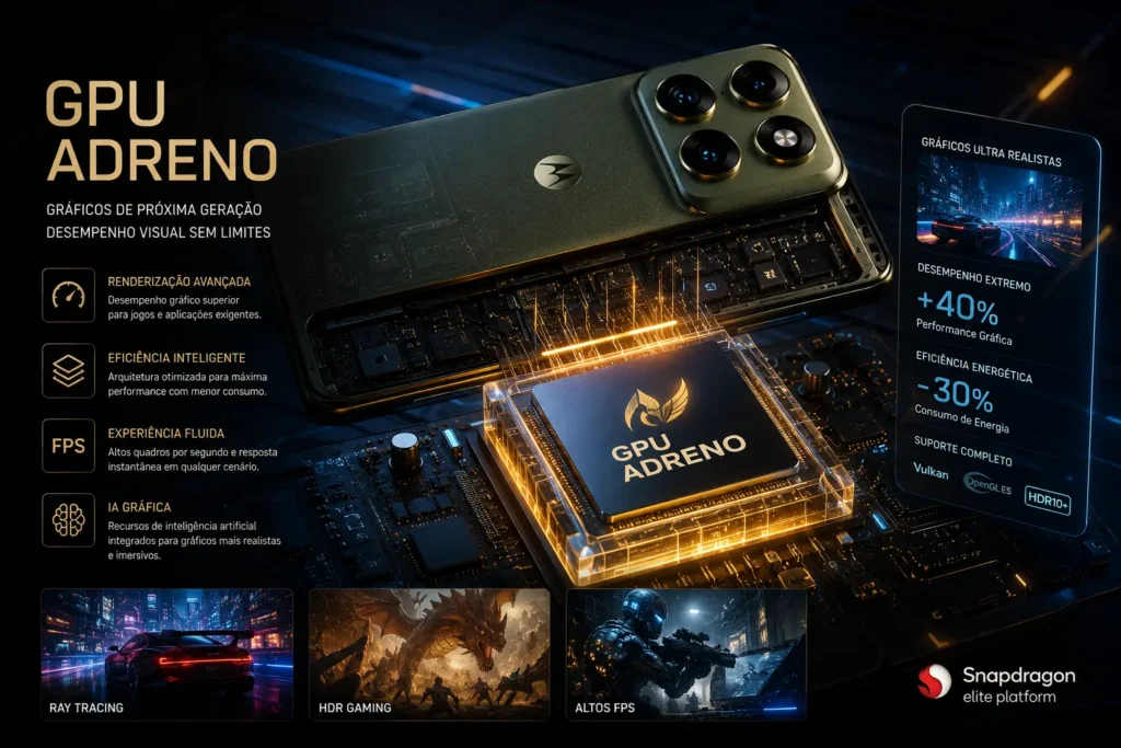 Imagem tecnológica da GPU Adreno no Motorola Signature mostrando arquitetura gráfica avançada, aceleração por inteligência artificial, ray tracing, processamento visual premium e integração com Snapdragon flagship platform.