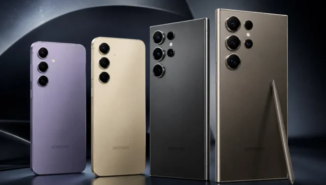Linha de smartphones Samsung Galaxy S em diferentes versões premium, incluindo modelos compactos, Plus e Ultra com múltiplas câmeras, acabamento metálico e S Pen, representando a evolução da linha Galaxy S da Samsung.
