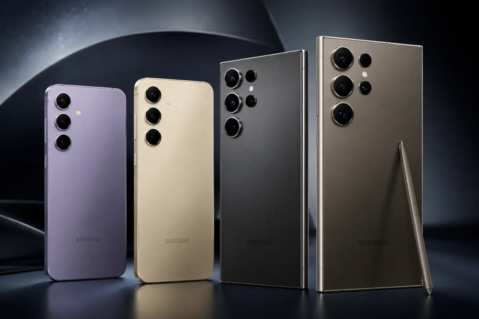 Linha de smartphones Samsung Galaxy S em diferentes versões premium, incluindo modelos compactos, Plus e Ultra com múltiplas câmeras, acabamento metálico e S Pen, representando a evolução da linha Galaxy S da Samsung.
