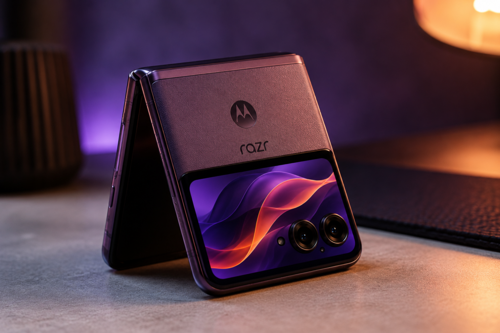 Motorola Razr 60 Vale a Pena? Análise Técnica do Celular Dobrável da Motorola 2 Motorola Razr 60 parcialmente dobrado sobre mesa em ambiente com iluminação roxa e laranja, destacando a tela externa LTPO pOLED e o design flip compacto.