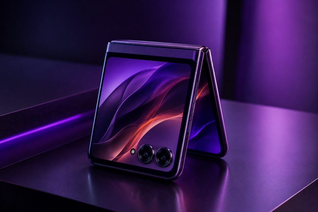 Motorola Razr 60 Vale a Pena? Análise Técnica do Celular Dobrável da Motorola 4 Smartphone Motorola Razr 60 dobrável em posição flip com iluminação neon roxa e design futurista destacando a tela externa e a construção premium.