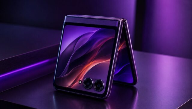 Smartphone Motorola Razr 60 dobrável em posição flip com iluminação neon roxa e design futurista destacando a tela externa e a construção premium.
