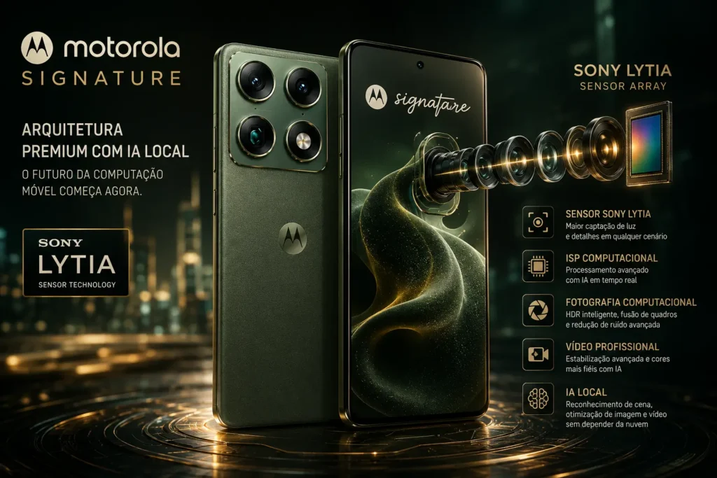Smartphone Motorola Signature com sensores Sony LYTIA em cenário tecnológico futurista, destacando fotografia computacional, ISP com inteligência artificial, IA local, arquitetura premium e processamento avançado de imagem.