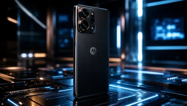 Smartphone Motorola Signature em ambiente tecnológico futurista destacando arquitetura premium, sensores Sony LYTIA, inteligência artificial local, processamento computacional de imagem, GPU Adreno e design flagship moderno.