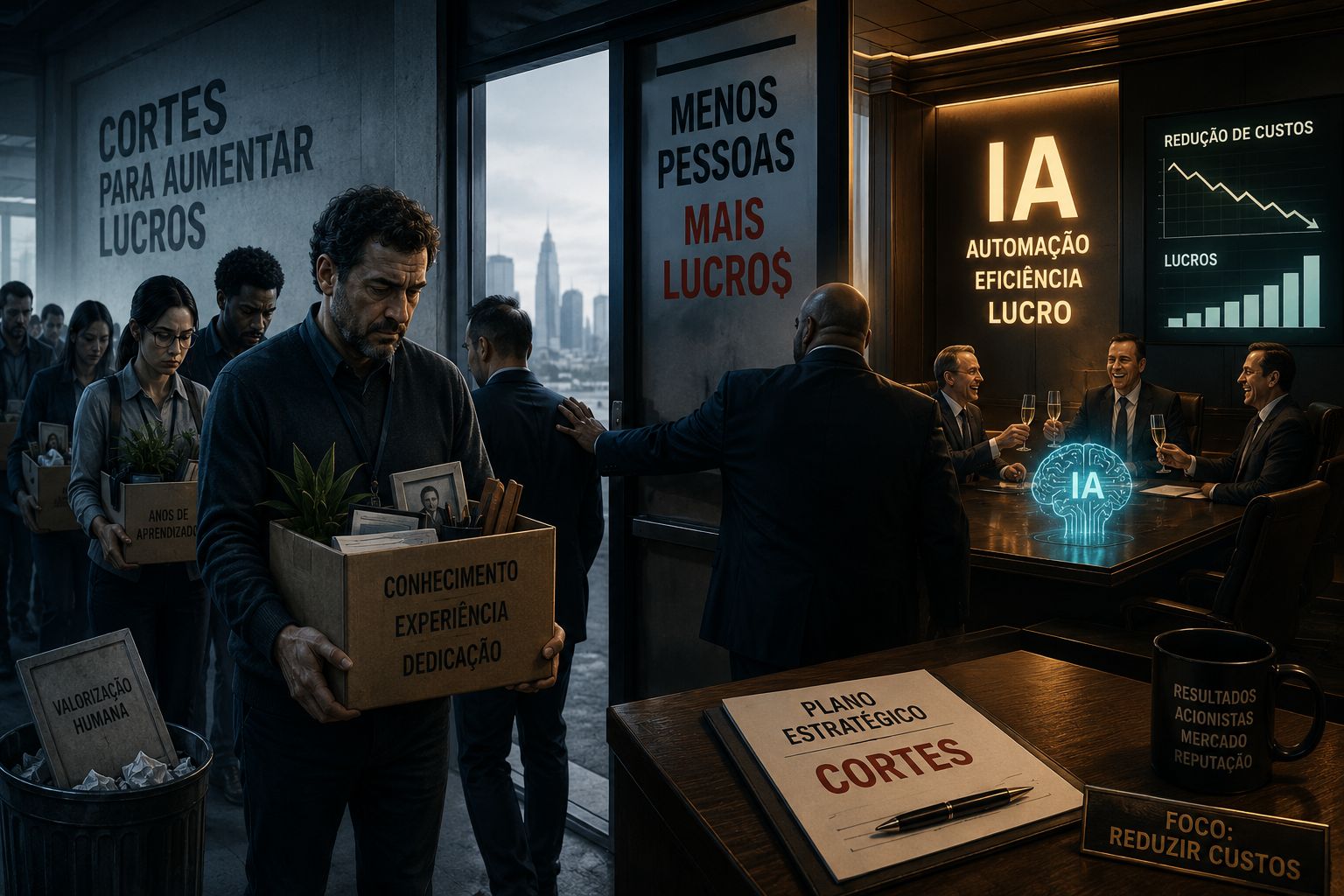 Funcionários deixando uma empresa com caixas contendo anos de conhecimento e experiência enquanto executivos celebram cortes de custos e automação por inteligência artificial em uma sala corporativa luxuosa.