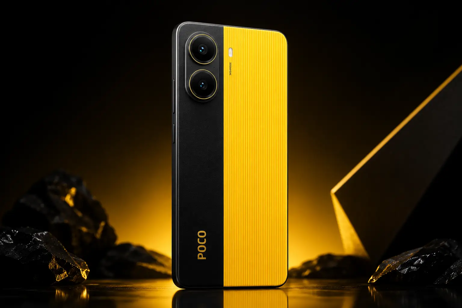 Smartphone POCO X7 Pro em acabamento amarelo e preto com design premium, câmera dupla traseira e iluminação cinematográfica em fundo escuro tecnológico