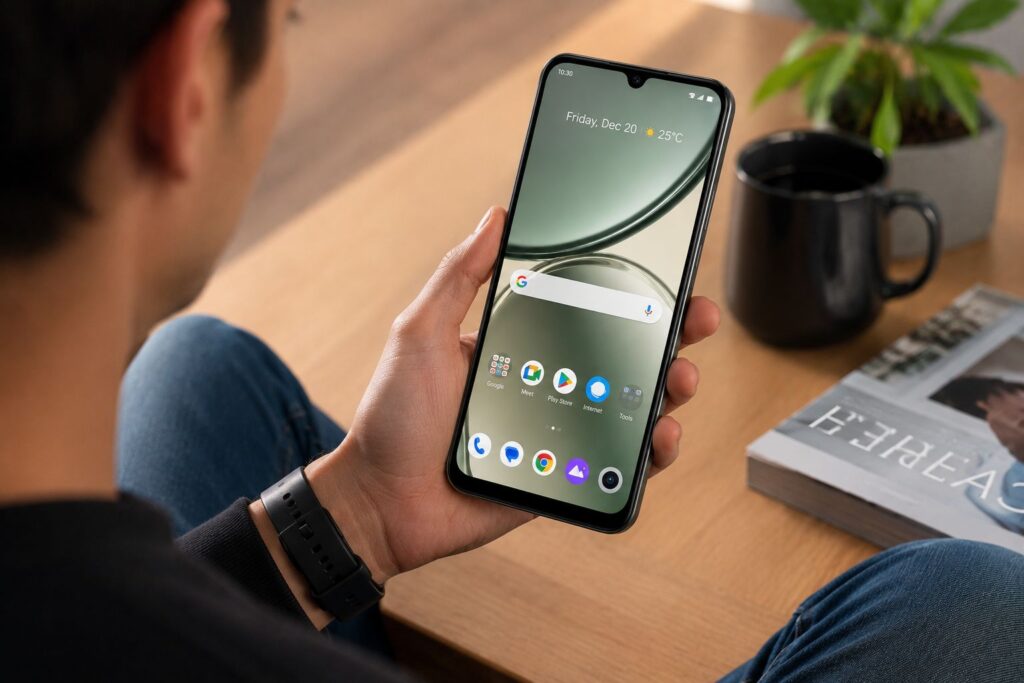 Pessoa segurando o smartphone Realme C73 em ambiente casual mostrando uso cotidiano do aparelho para redes sociais, navegação e aplicativos.