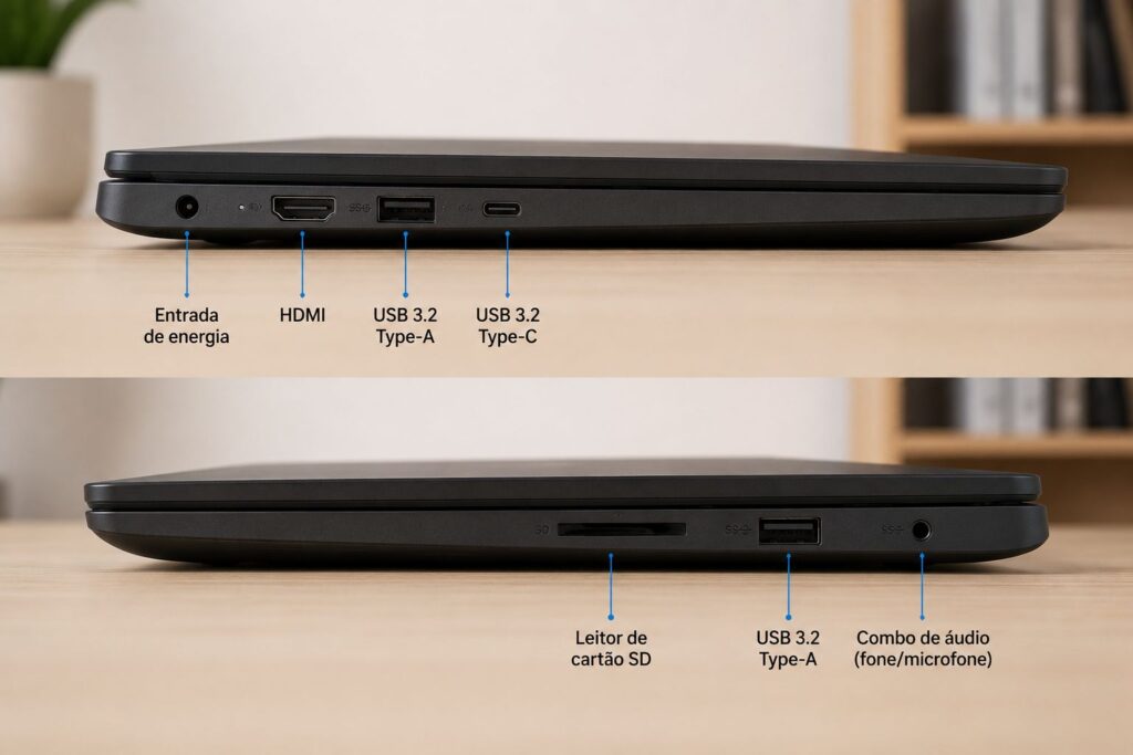 Dell Inspiron i15-i1300-A30P Vale a Pena? Análise Técnica Completa do Notebook Dell com Intel Core i5 4 Laterais do notebook Dell Inspiron i15-i1300-A30P mostrando portas HDMI, USB 3.2, USB-C, leitor de cartão SD e entrada de áudio combo