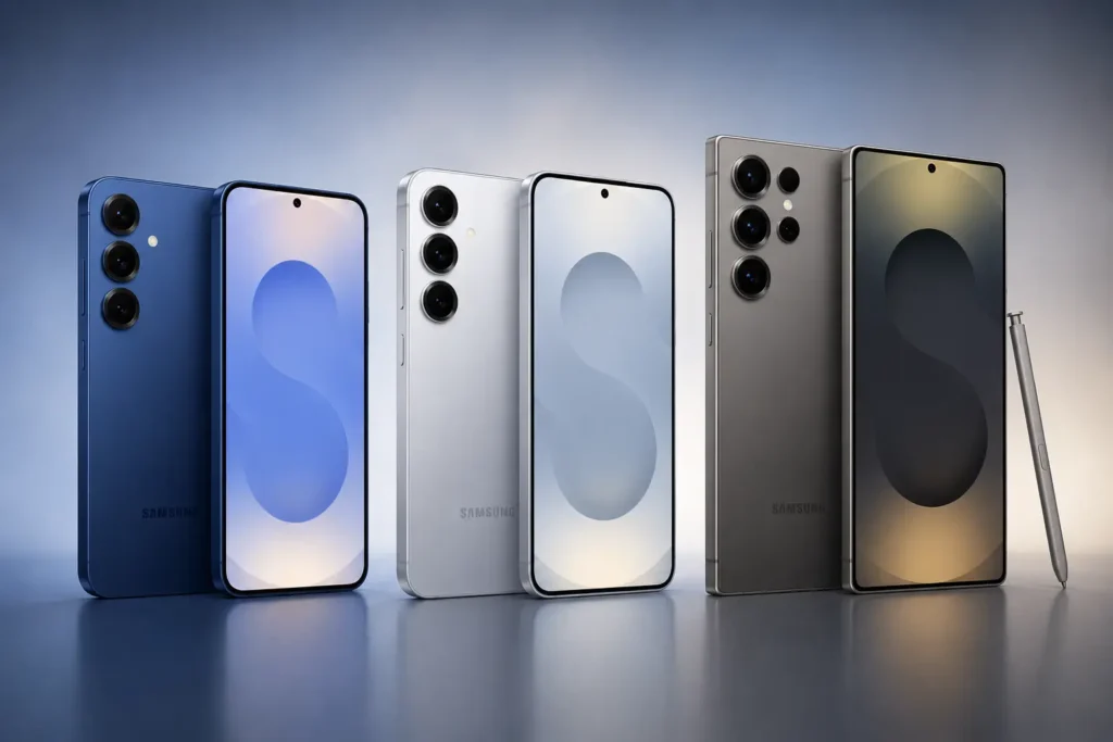 Galaxy S: quais linhas existem, quais são as diferenças e como a Samsung segmenta sua linha premium 5 Comparação visual das linhas Samsung Galaxy S mostrando Galaxy S25, Galaxy S25 Plus e Galaxy S25 Ultra lado a lado com diferentes tamanhos, câmeras premium e design flagship da linha Galaxy S da Samsung.
