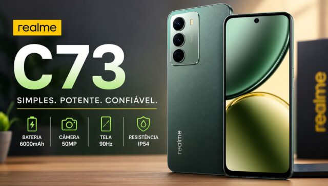 Smartphone Realme C73 verde exibindo design traseiro e frontal com destaque para bateria de 6000mAh, câmera de 50MP e tela fluida para uso diário.