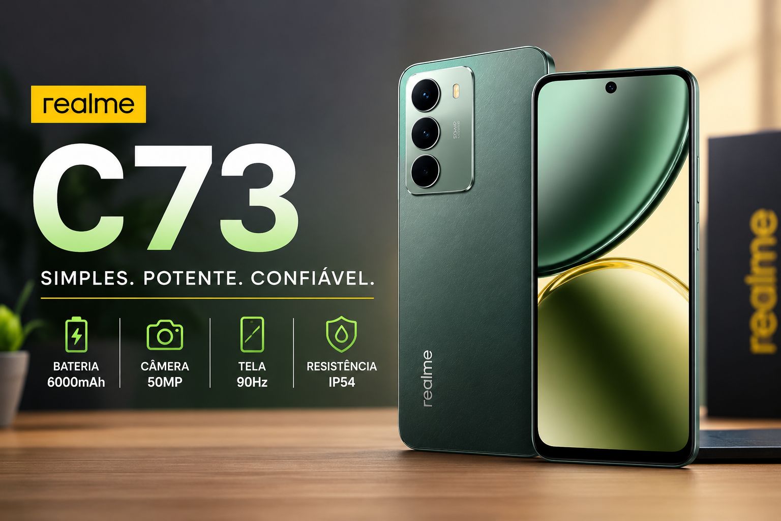 Smartphone Realme C73 verde exibindo design traseiro e frontal com destaque para bateria de 6000mAh, câmera de 50MP e tela fluida para uso diário.