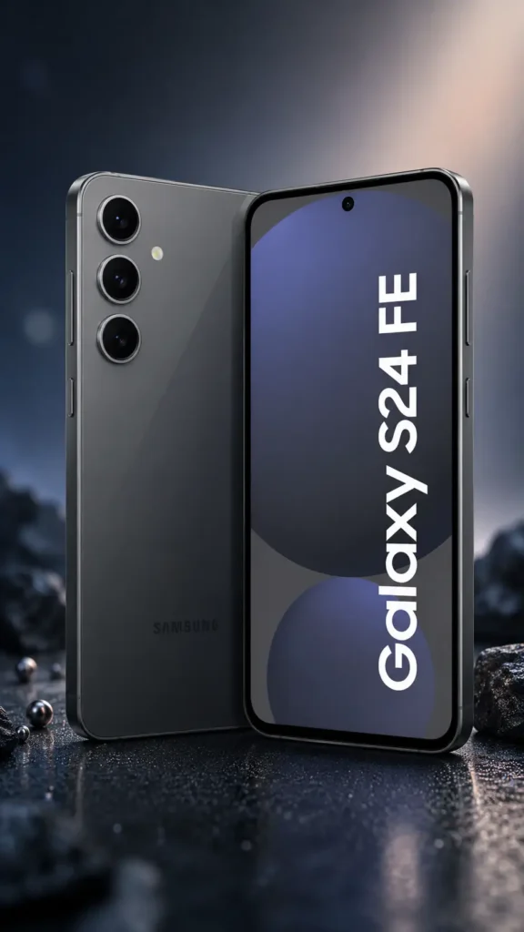 Galaxy S: quais linhas existem, quais são as diferenças e como a Samsung segmenta sua linha premium 16 Samsung Galaxy S24 FE em renderização vertical 9:16 mostrando smartphone premium da linha Galaxy S Fan Edition com acabamento escuro, tela AMOLED edge-to-edge e sistema triplo de câmeras traseiras.