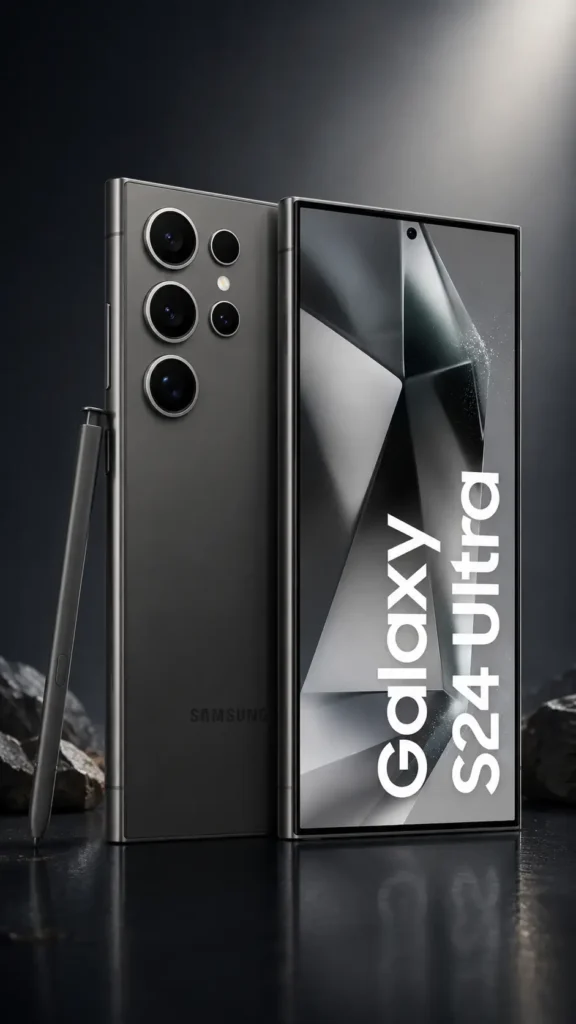Galaxy S: quais linhas existem, quais são as diferenças e como a Samsung segmenta sua linha premium 12 Samsung Galaxy S24 Ultra em renderização vertical 9:16 mostrando smartphone premium da linha Galaxy S Ultra com S Pen integrada, tela AMOLED edge-to-edge e sistema avançado de múltiplas câmeras traseiras.