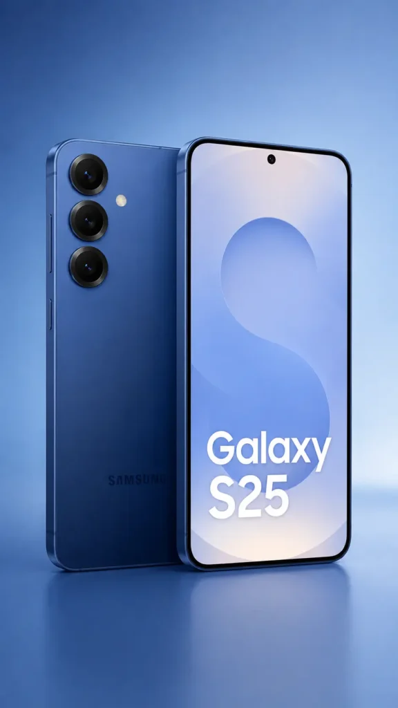 Galaxy S: quais linhas existem, quais são as diferenças e como a Samsung segmenta sua linha premium 2 Smartphone Samsung Galaxy S25 azul em renderização vertical 9:16 mostrando a parte frontal e traseira do aparelho, com câmera tripla, design premium minimalista e tela AMOLED da linha Galaxy S.