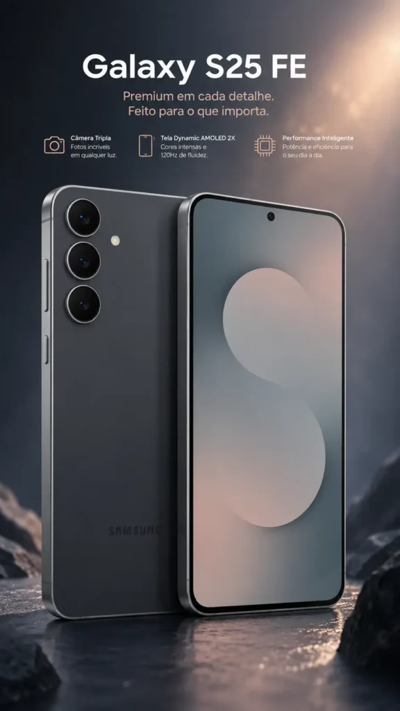 Galaxy S: quais linhas existem, quais são as diferenças e como a Samsung segmenta sua linha premium 17 Samsung Galaxy S25 FE em renderização vertical 9:16 mostrando smartphone premium da linha Galaxy S Fan Edition com acabamento escuro minimalista, tela AMOLED edge-to-edge e sistema triplo de câmeras traseiras.