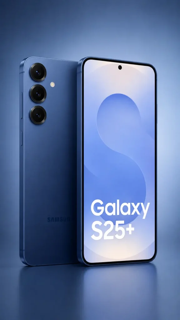 Galaxy S: quais linhas existem, quais são as diferenças e como a Samsung segmenta sua linha premium 4 Samsung Galaxy S25 Plus azul em renderização vertical 9:16 mostrando a parte frontal e traseira do smartphone com tela AMOLED ampla, câmera tripla e design premium minimalista da linha Galaxy S Plus.