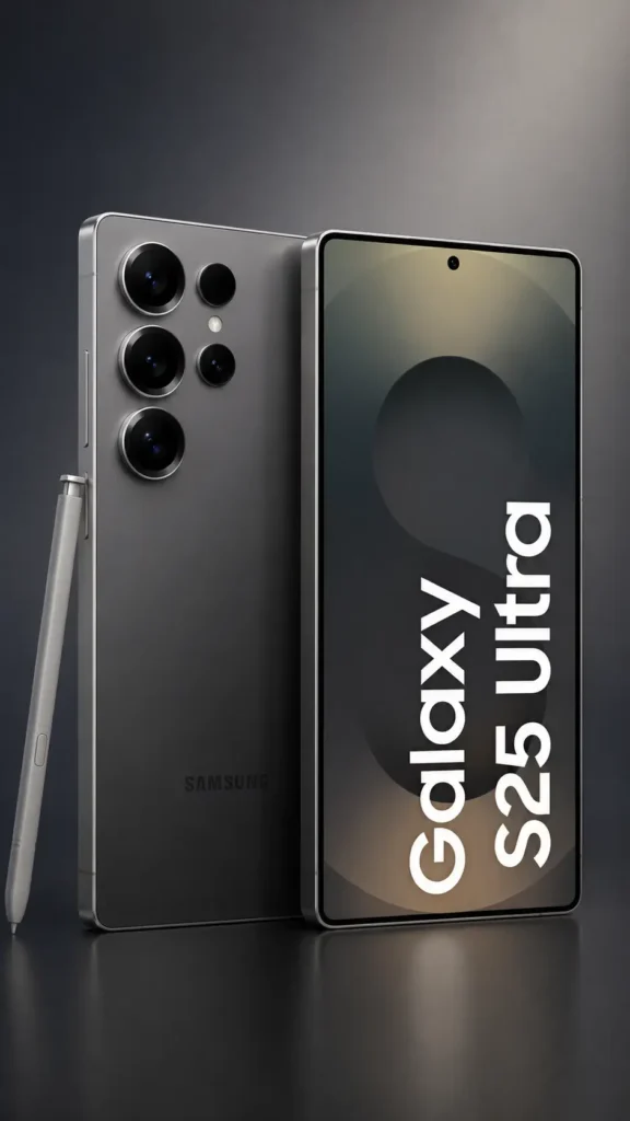 Galaxy S: quais linhas existem, quais são as diferenças e como a Samsung segmenta sua linha premium 3 Samsung Galaxy S25 Ultra em renderização vertical 9:16 mostrando o smartphone em acabamento premium escuro com sistema avançado de múltiplas câmeras, tela AMOLED edge-to-edge e S Pen integrada da linha Galaxy S Ultra.