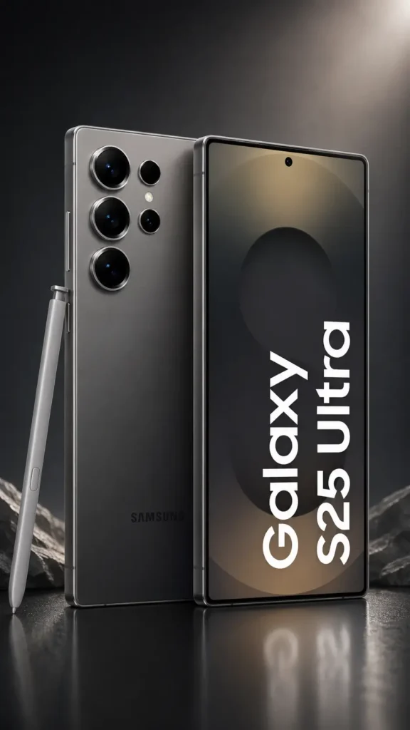 Galaxy S: quais linhas existem, quais são as diferenças e como a Samsung segmenta sua linha premium 13 Samsung Galaxy S25 Ultra em renderização vertical 9:16 mostrando smartphone premium da linha Galaxy S Ultra com acabamento metálico escuro, tela AMOLED edge-to-edge, S Pen integrada e sistema avançado de múltiplas câmeras traseiras.