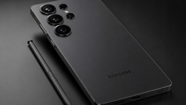Samsung Galaxy S26 Ultra preto visto de trás em ângulo inclinado com módulo de câmeras quádruplas e S Pen