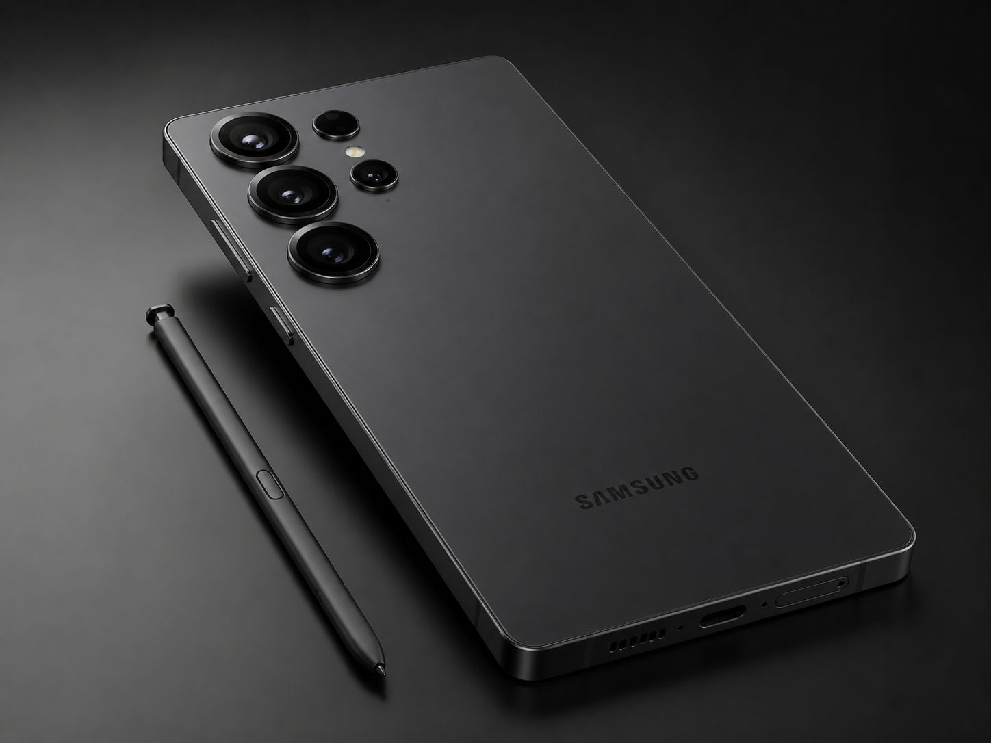 Samsung Galaxy S26 Ultra preto visto de trás em ângulo inclinado com módulo de câmeras quádruplas e S Pen