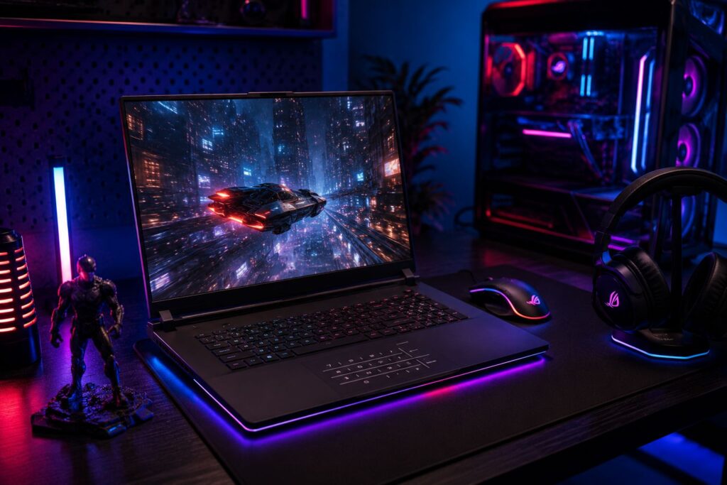 ASUS ROG Strix SCAR 18 Vale a Pena? Análise Técnica do Notebook com RTX 5090 e Intel Core Ultra 9 2 Notebook ASUS ROG Strix SCAR 18 em setup gamer com iluminação RGB neon, headset, mouse gamer e desktop high-end ao fundo em ambiente futurista.