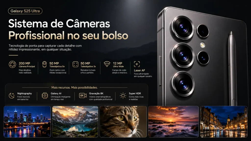 Galaxy S: quais linhas existem, quais são as diferenças e como a Samsung segmenta sua linha premium 15 Infográfico em 16:9 do sistema de câmeras do Samsung Galaxy S25 Ultra mostrando sensores avançados, zoom óptico, Galaxy AI, gravação em 8K, fotografia noturna e múltiplas lentes da linha Galaxy S Ultra.