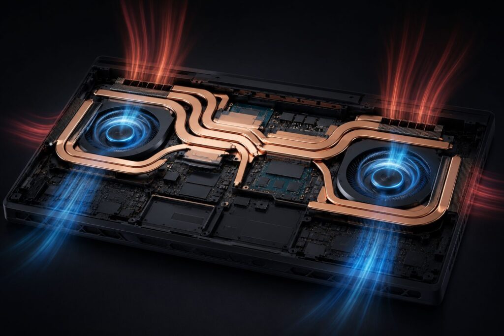 ASUS ROG Strix SCAR 18 Vale a Pena? Análise Técnica do Notebook com RTX 5090 e Intel Core Ultra 9 3 Visualização interna do sistema térmico do notebook ASUS ROG Strix SCAR 18 com heatpipes de cobre, ventoinhas duplas e fluxo de ar para resfriamento de alto desempenho.
