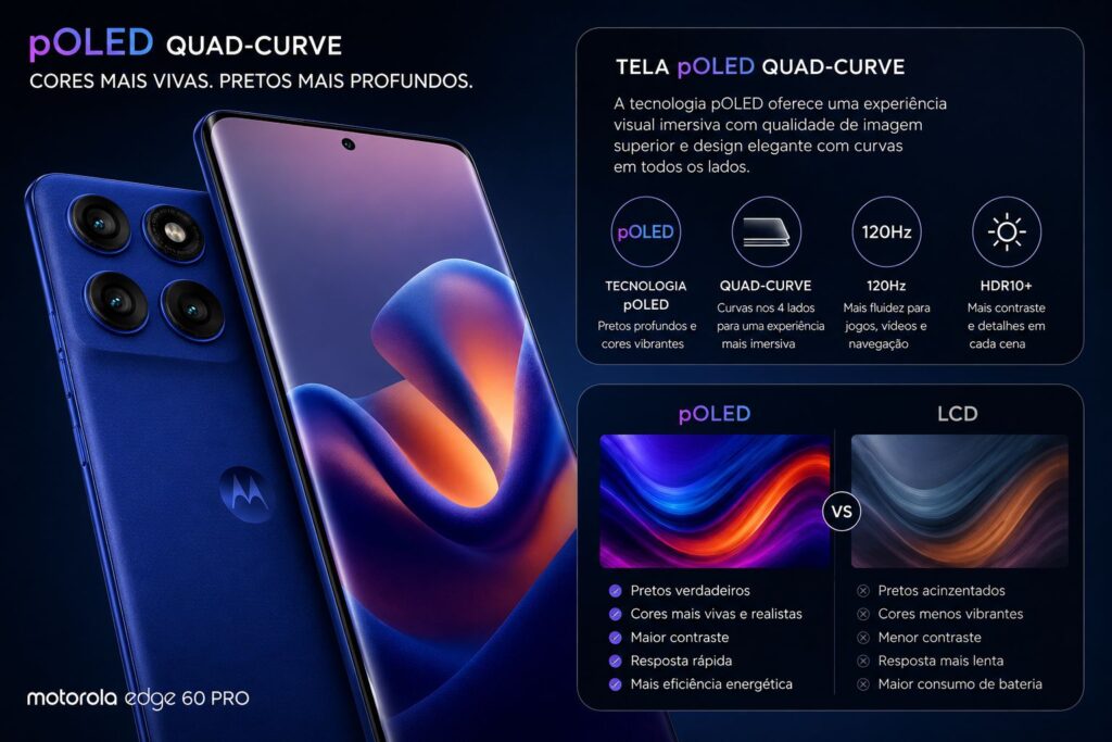 Motorola Edge 60 Pro 5G (256GB) — Análise Técnica Completa, Desempenho, Câmeras e Vale a Pena em 2026? 2 Infográfico da tela pOLED Quad-Curve do Motorola Edge 60 Pro mostrando contraste elevado, cores vibrantes, 120Hz e comparação visual entre pOLED e LCD