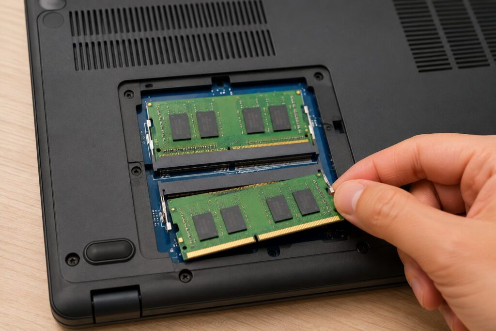 Dell Inspiron i15-i1300-A30P Vale a Pena? Análise Técnica Completa do Notebook Dell com Intel Core i5 3 Expansão de memória RAM DDR4 no notebook Dell Inspiron i15-i1300-A30P mostrando instalação de módulo soDIMM interno