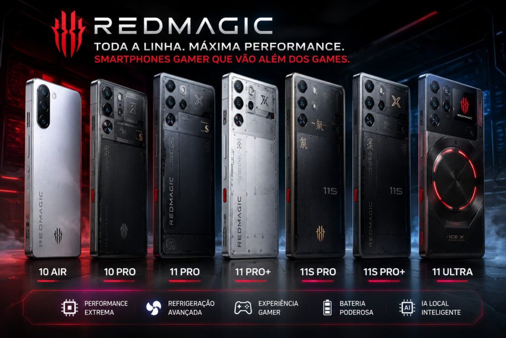 REDMAGIC 2026: Os Smartphones Gamer Estão Virando Workstations ARM? 3 Linha REDMAGIC 2026 com diversos smartphones gamer de alta performance, design futurista transparente, refrigeração avançada, iluminação RGB e foco em computação ARM, IA local e performance sustentada em cenário tecnológico cyberpunk.