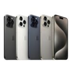 iPhone 15 Pro Max em diferentes cores mostrando traseira com conjunto de câmeras e modelo frontal com tela