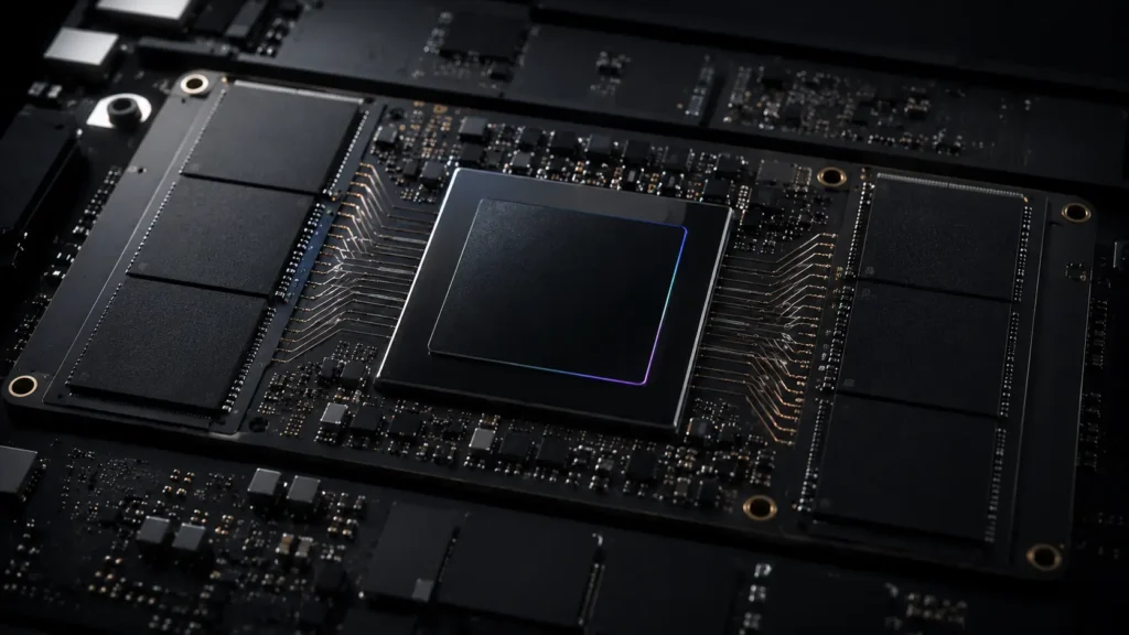 MacBook Neo: por que a nova arquitetura da Apple está mudando os notebooks atuais 4 Arquitetura de memória unificada do MacBook Neo mostrando chip central Apple Silicon integrado com módulos de memória de alta largura de banda em design realista de placa lógica avançada