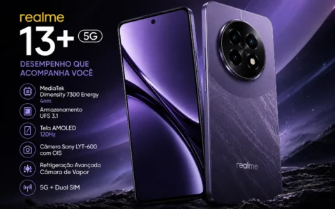 Realme 13+ 5G Vale a Pena? Análise Técnica Completa do Dimensity 7300 Energy, UFS 3.1 e Sistema de Refrigeração 3 Imagem destacada do Realme 13+ 5G roxo mostrando tela AMOLED 120Hz, câmera Sony LYT-600 com OIS, MediaTek Dimensity 7300 Energy e design premium em cenário futurista tecnológico.