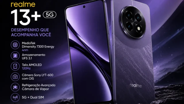 Imagem destacada do Realme 13+ 5G roxo mostrando tela AMOLED 120Hz, câmera Sony LYT-600 com OIS, MediaTek Dimensity 7300 Energy e design premium em cenário futurista tecnológico.