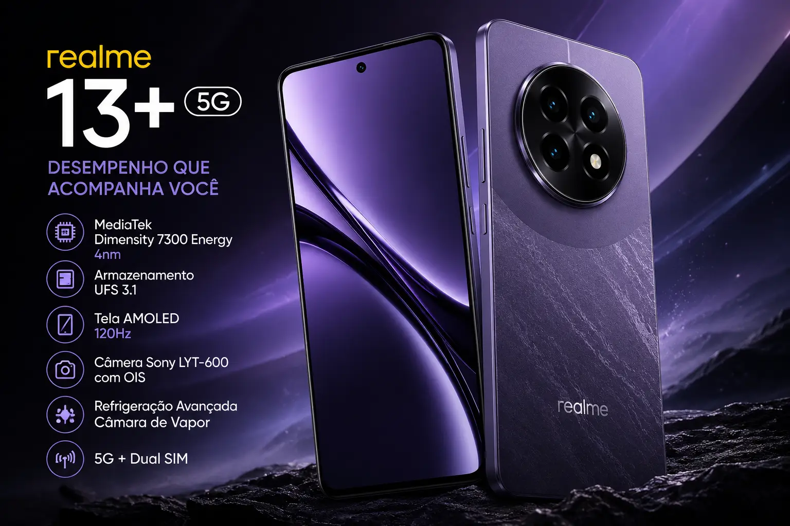 Imagem destacada do Realme 13+ 5G roxo mostrando tela AMOLED 120Hz, câmera Sony LYT-600 com OIS, MediaTek Dimensity 7300 Energy e design premium em cenário futurista tecnológico.