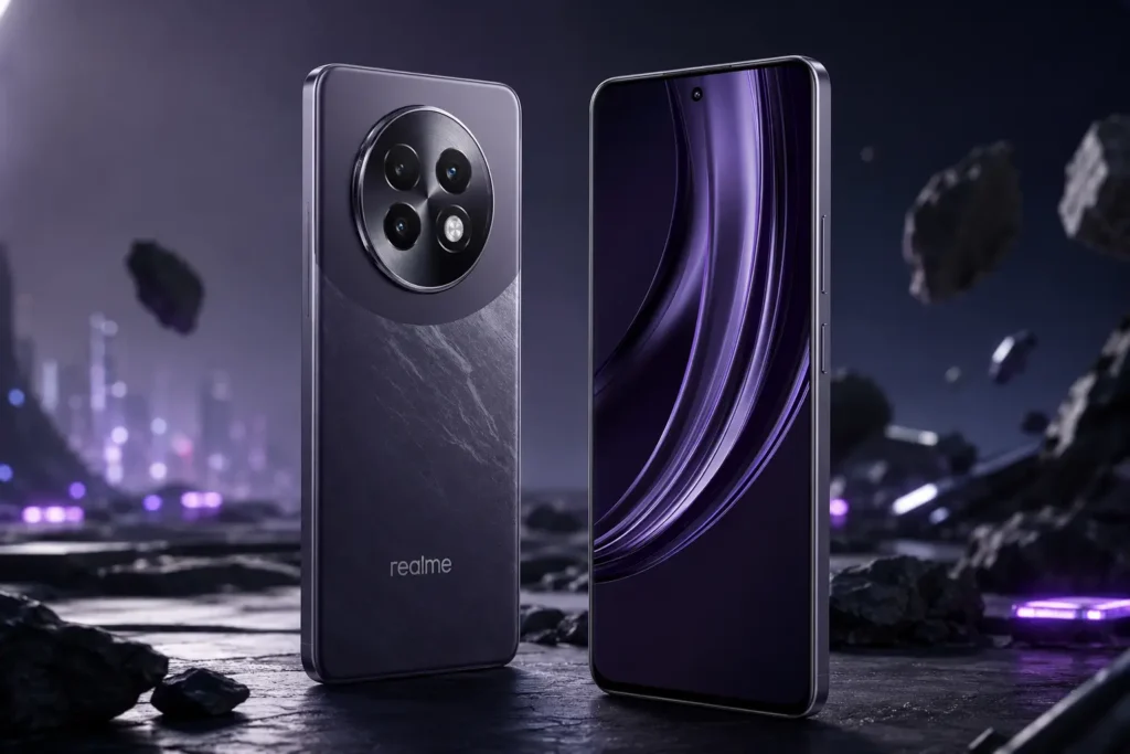 Realme 13+ 5G Vale a Pena? Análise Técnica Completa do Dimensity 7300 Energy, UFS 3.1 e Sistema de Refrigeração 3 Realme 13+ 5G roxo mostrando design frontal e traseiro com câmera Sony LYT-600 e tela AMOLED 120Hz em cenário futurista tecnológico.