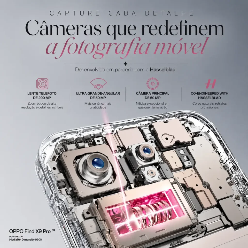 OPPO Find X9 Pro 5G vale a pena? Conheça a ficha técnica completa do smartphone com 16 GB de RAM e 512 GB 5 Ilustração técnica da câmera do OPPO Find X9 Pro destacando a lente teleobjetiva periscópica de 200 MP, o sistema óptico interno e a tecnologia desenvolvida em parceria com a Hasselblad para fotografia móvel de alta qualidade.