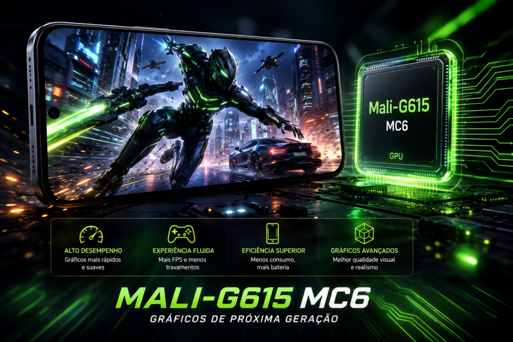 Infinix GT30 Pro Vale a Pena? Review Completo do Smartphone com Dimensity 8350, Tela AMOLED 144Hz e 12GB de RAM 3 Ilustração da GPU ARM Mali-G615 MC6 utilizada no Infinix GT30 Pro, destacando desempenho gráfico, jogos mobile, renderização avançada e suporte a altas taxas de quadros.