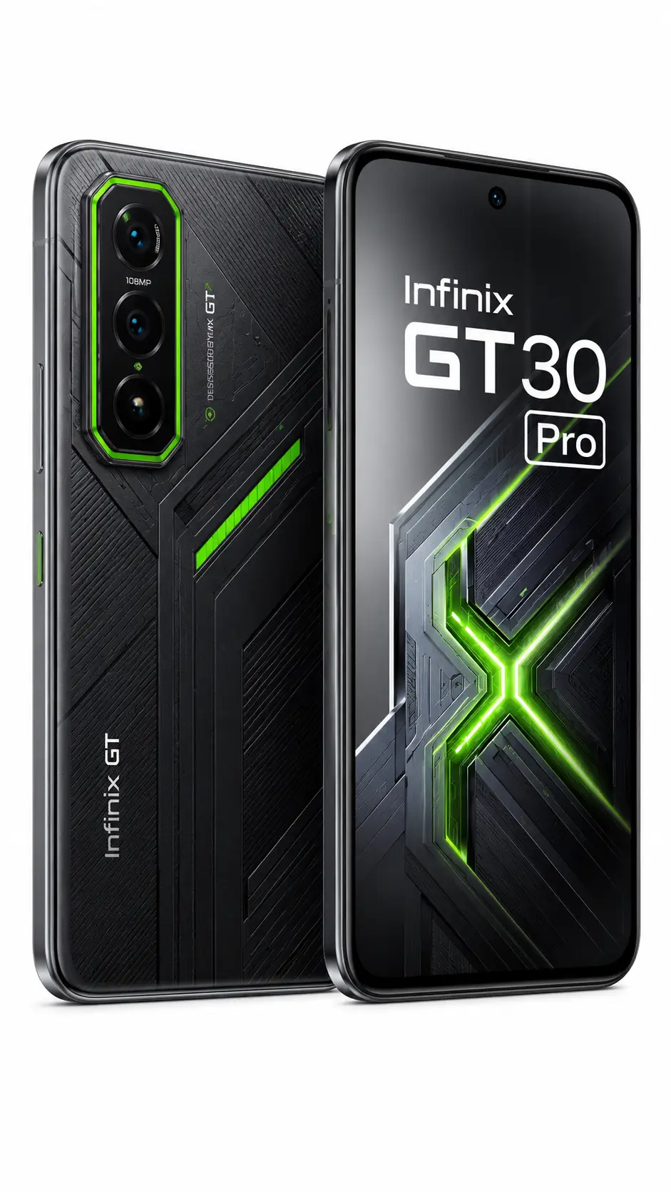 Infinix GT30 Pro Vale a Pena? Review Completo do Smartphone com Dimensity 8350, Tela AMOLED 144Hz e 12GB de RAM 2 Infinix GT30 Pro em fundo branco mostrando a parte frontal e traseira do smartphone com processador Dimensity 8350, tela AMOLED de 144Hz, 12GB de RAM e design gamer.