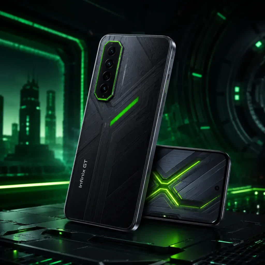 Infinix GT30 Pro Vale a Pena? Review Completo do Smartphone com Dimensity 8350, Tela AMOLED 144Hz e 12GB de RAM 6 Smartphone Infinix GT30 Pro em cenário gamer futurista com iluminação verde neon, destacando o design traseiro, a tela AMOLED de 144Hz e o visual voltado para alto desempenho.