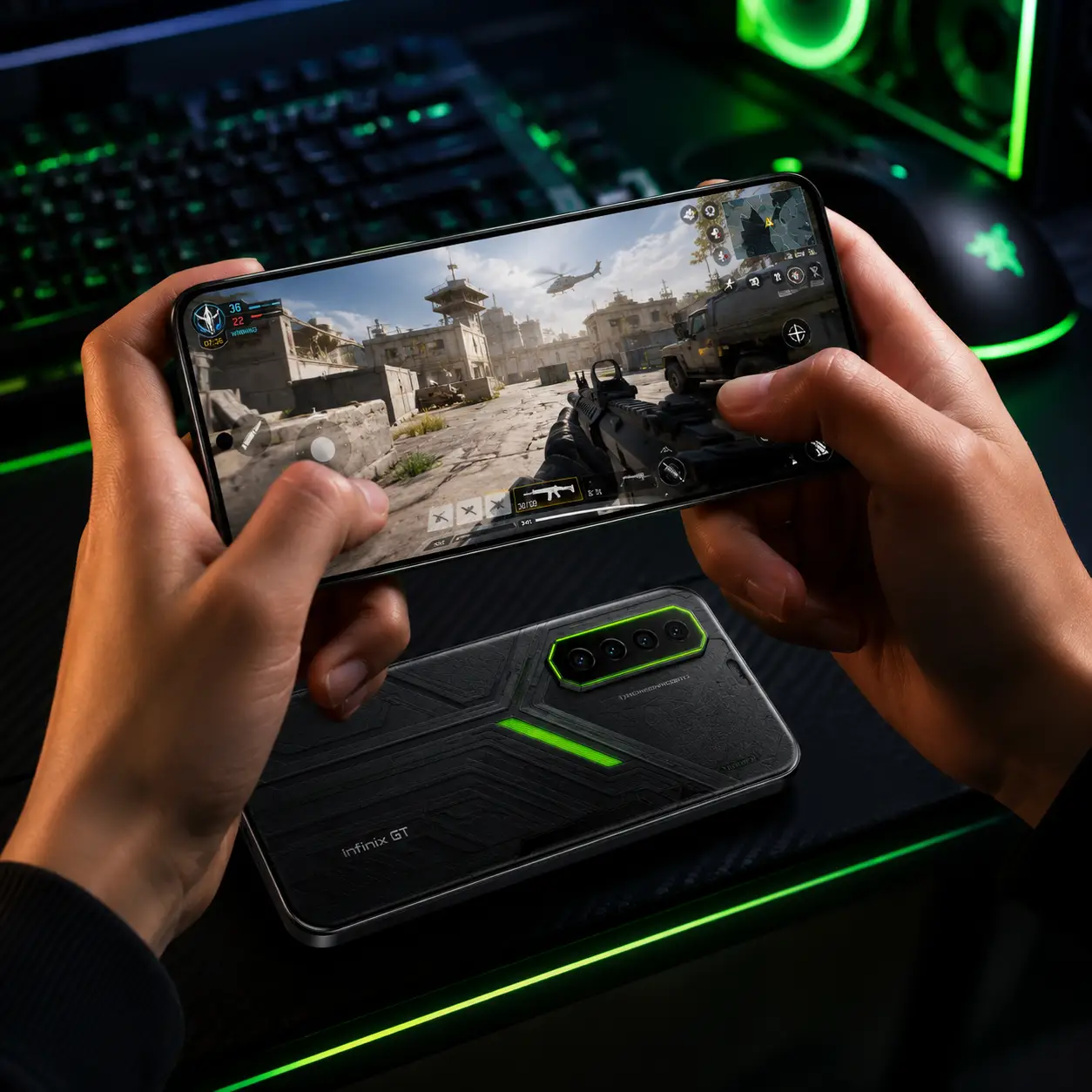 Jogador utilizando o Infinix GT30 Pro em um jogo de tiro FPS, destacando a tela AMOLED de 144Hz, o processador MediaTek Dimensity 8350 e o design gamer do smartphone.
