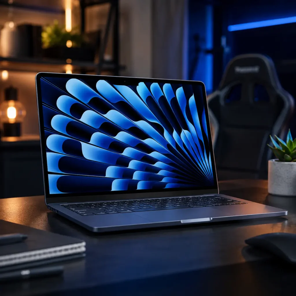 MacBook Air M5 sobre uma mesa de trabalho moderna com iluminação azul ambiente, cadeira ergonômica ao fundo e tela exibindo padrão gráfico abstrato em tons de azul, representando produtividade, programação e criação de conteúdo.